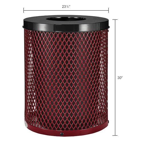 Global Industrial Outdoor Diamond Steel Trash Can with Flat Lid and Plastic Liner, 36 Gallon Capacity, Red, Thermoplastic Coating, 23-1/2" Diameter, 30" H