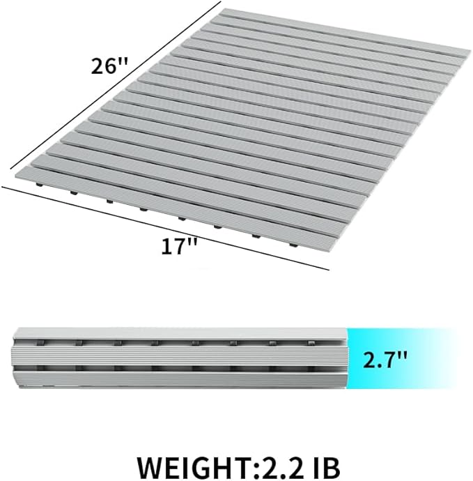 PADOOR Shower-Mat Non Slip, Heavy Duty Bathtub-Mat Curlable Quick Drain Sturdy Bath Tub Mat Without Suction Cups for Indoor Outdoor Use 17x26 Inch Grey