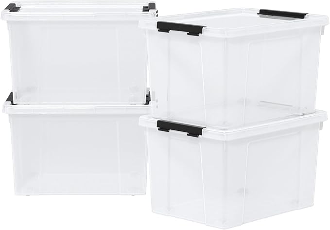 23 L Clear Plastic Storage Box with Lid, Stackable Lidded Storage Bin Container with Wheels and Secure Latching Buckles, 4 Packs