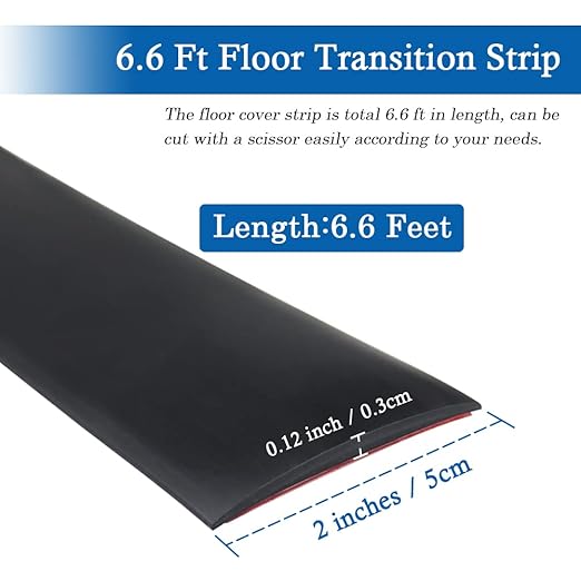 Floor Transition Strip Self Adhesive Floor Cover Strips Laminate 2" Wide Vinyl Flat Divider Transitions (5cm, 6.56Ft, Black)
