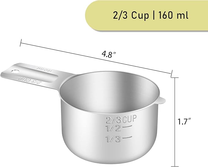1PCS 2/3Cup (160ml, 5.3oz) Single Measuring Cup, Stainless Steel Measure Scoop, Metric and US Measurement, Dishwasher Safe
