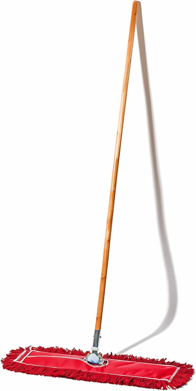 24 Inch Red Commercial Dust Mop & Floor Sweeper – Wood Handle Floor Mop for Tile, Hardwood & Concrete