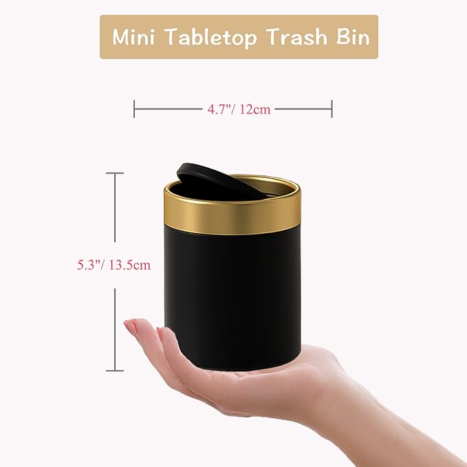 Mini Trash Can with Lid, Metal Small Tiny Mini Trash Bin Can, Mini Countertop Trash Cans for Desk Car Office Kitchen, Swing Top Trash Bin 1.5 L/0.40 Gal (Black)