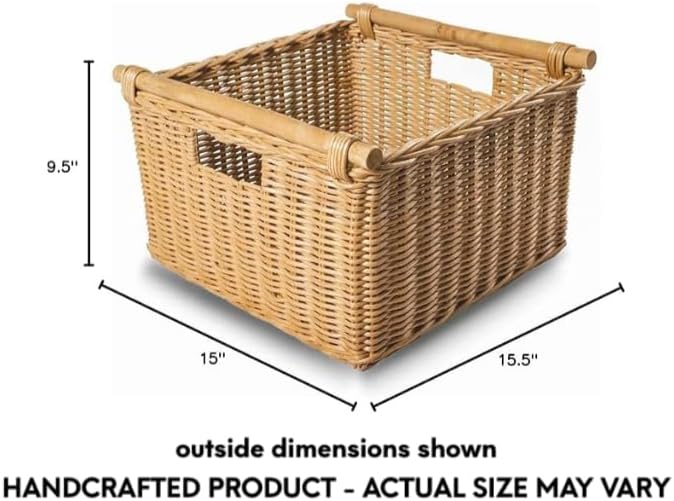The Basket Lady Deep Pole Handle Wicker Storage Basket, Large, 15 in L x 15.5 in W x 9.5 in H, Sandstone
