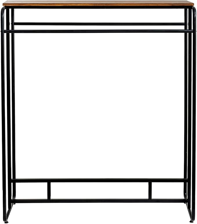 MyGift Dual Clothing Rack, Commercial Urban Black Metal Freestanding Large Garment Rack with Burnt Solid Wood Top Storage Shelf, Heavy Duty Double Rod Clothes Rack