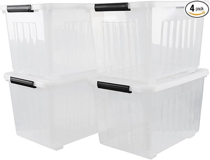 50 Quart Clear Storage Container with Lids and Wheels, 4-Pack Clear Plastic Latching Bins