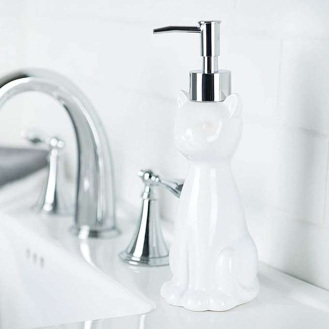 Allure Home Creation Cat 3-Piece Ceramic Toilet Brush Holder & Soap Dispenser - White Plastic Scrub Brush Included