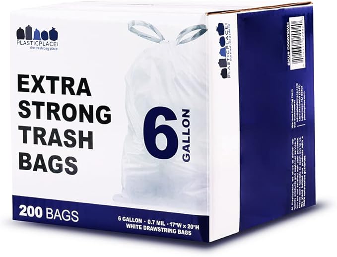 Plasticplace 6 Gallon Trash Bags, 0.7 Mil, White Drawstring Garbage Can Liners, 17" x 20" (100 Count) (Pack of 6)