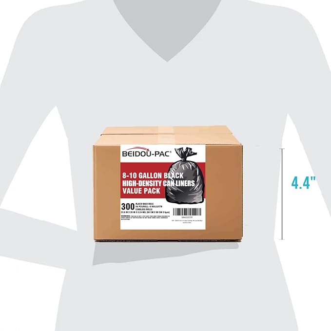 8-10 Gallon Trash Bags, 300 Count Black Garbage bags, Multi-purpose Trash Can Bin Liners for Bathroom, Office, Industrial, Commercial, Janitorial, Municipal, Recycling