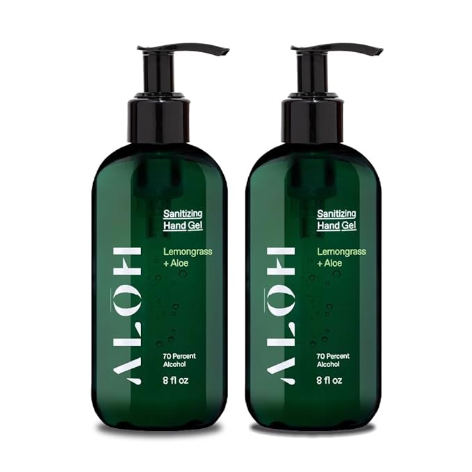 ALŌH Sanitizing Hand Gel 2-pack | Lemongrass + Aloe | 70% Alcohol Hydrating Hand Sanitizer Gel with Essential Oil, for Kids & Adults | 8oz Size Bottle (Set of 2)
