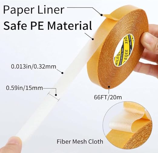 Double Sided Tape Heavy Duty, 0.59" x 66FT, Universal High Tack Strong Wall Adhesive with Fiberglass Mesh, Super Sticky Resistente Clear Tape, Easy Use Mounting Tape for School Office Home