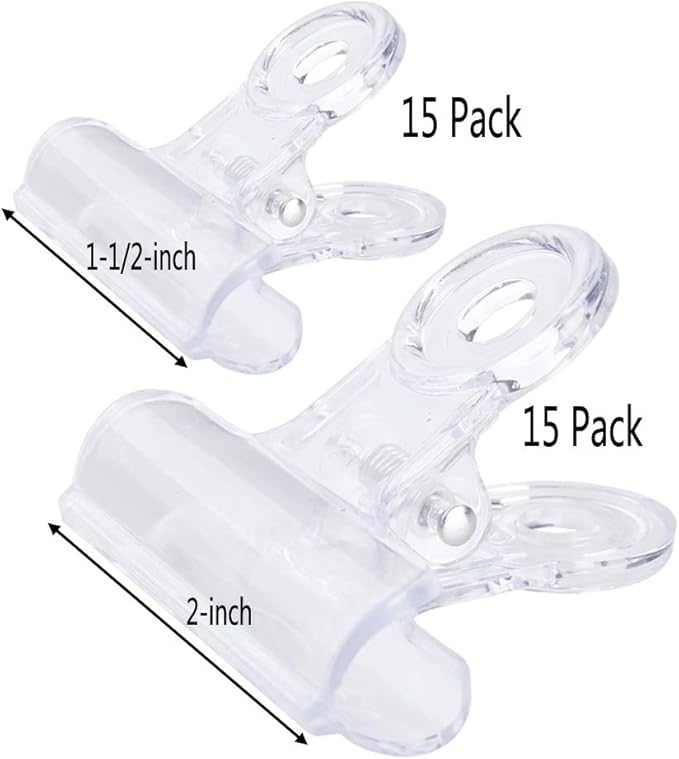 30 Pack Plastic Clear Clips Clamps, 1-1/2 Inch and 2 Inch Sizes