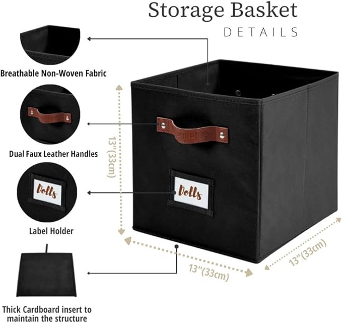 DECOMOMO Storage Cubes, 13x13x13 Storage Cube Bins with Labels, Fabric Organizer Bins (13" / 6pcs, Black)
