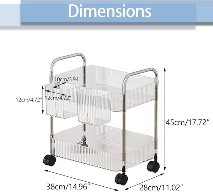 2-Tier Utility Rolling Cart Storage Organizer Sofa Side Table with Wheels, Under Desk Mobile Trolley Organizer with Handle and 2 Hanging Baskets for Office Home Kitchen Organization, Transparent