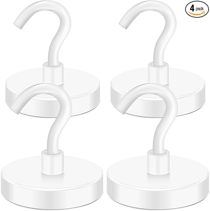 MIKEDE Magnetic Hooks Heavy Duty, 150LB Super Strong Magnetic Hooks for Cruise, Neodymium Earth Magnets with Hook for Hanging, Magnetic Metal Hanger for Fridge, Toolbox, Storage, (White, 4 Pack)