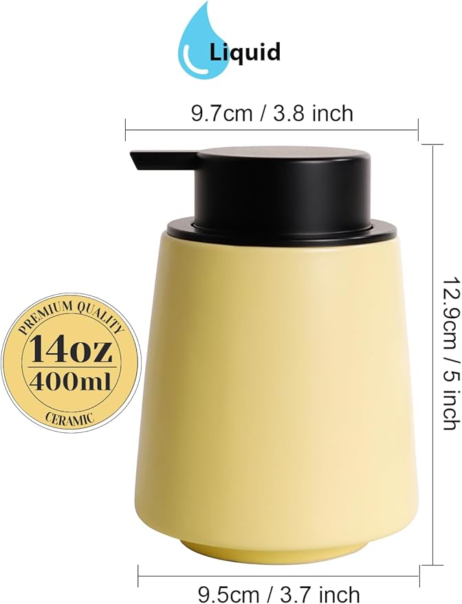 INGOFIN Ceramic Soap Dispenser, 14 oz Bathroom Hand Soap Dispenser, Liquid Dispenser with Pump, Refillable Modern Lotion Dish Dispenser for Kitchen, Matte Yellow