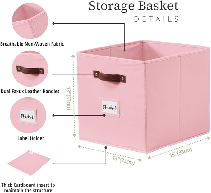 DECOMOMO Storage Baskets, 13x15x13 Storage Cube Bins with Labels for Organizing Shelves Kallax (Kallax / 4pcs, Pink)