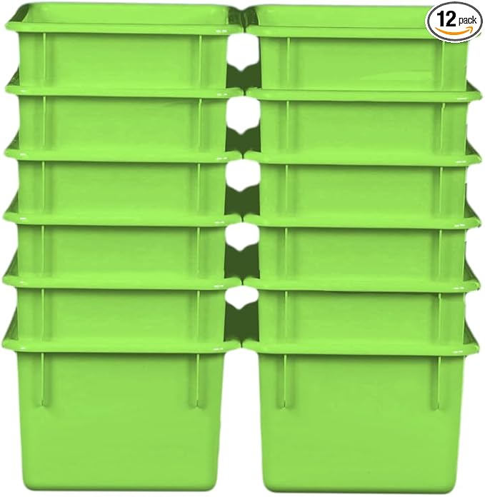 Wood Designs Cubby Storage Bin, Heavy Duty Plastic Containers for Kids Lime Green Cubby Tray Set of 12