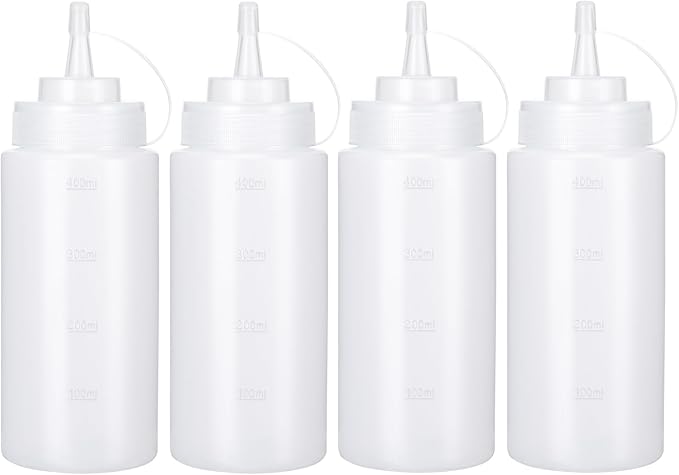 Condiment Squeeze Bottles Ketchup Dispenser, 4 Pack 16oz Squeeze Bottles for Liquids, Plastic Sauce Bottle with Cap Lid, Squirt Bottles for Sauces Liquids BBQ Dressing Pancake Art