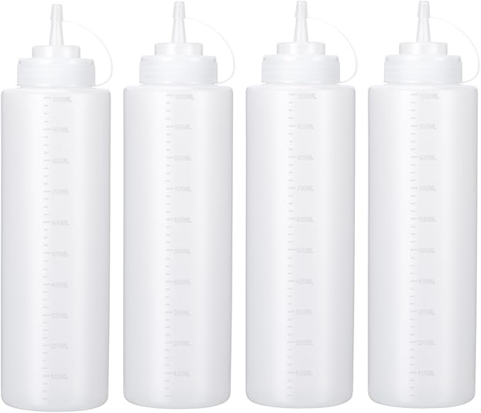 Condiment Squeeze Bottles Ketchup Dispenser, 4 Pack 32oz Squeeze Bottles for Liquids, Plastic Sauce Bottle with Cap Lid, Squirt Bottles for Sauces Liquids BBQ Dressing Pancake Art