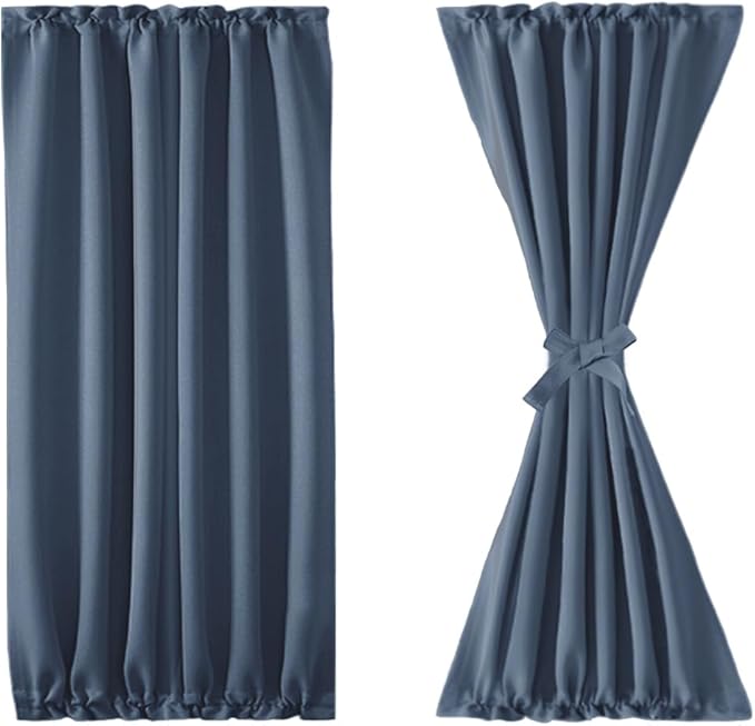 DWCN French Door Curtains – Rod Pocket Thermal Blackout Curtain for Doors with Glass Window, Kitchen and Patio Doors for Privacy, 25 X 40 Inches Long, 1 Curtain Panel with Tieback,Dusty Blue