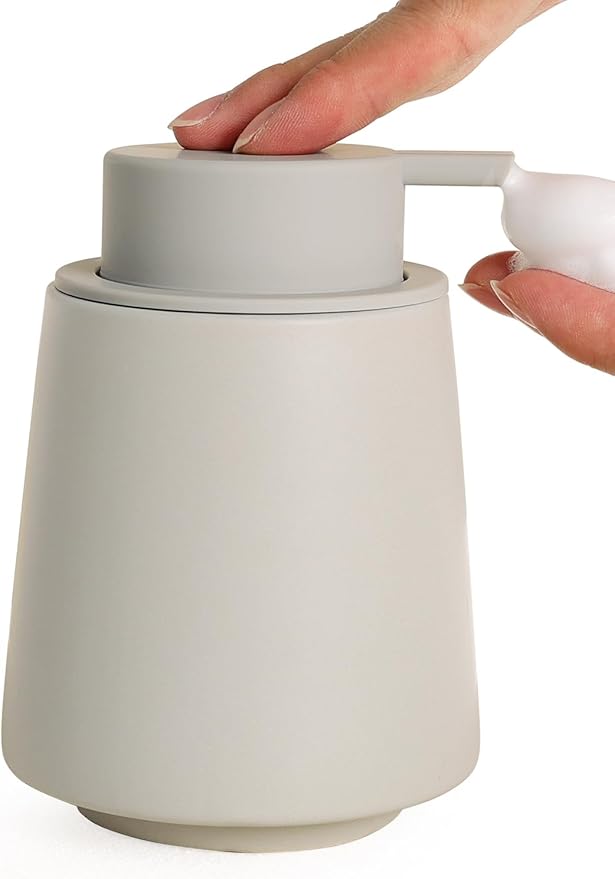 INGOFIN Ceramic Foaming Soap Dispenser -14 oz Foam Hand Soap Dispenser Bathroom, Modern Refillable Dish Wash Bottle for Kitchen with Large Pump, Matte Grey