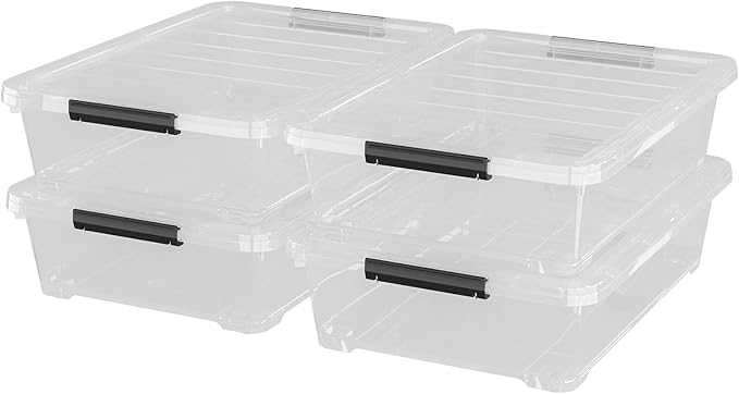 4Pack 40 Qt Plastic Under Bed Storage Organizer Bin Container with Secure Lids and Durable Wheels, Clear