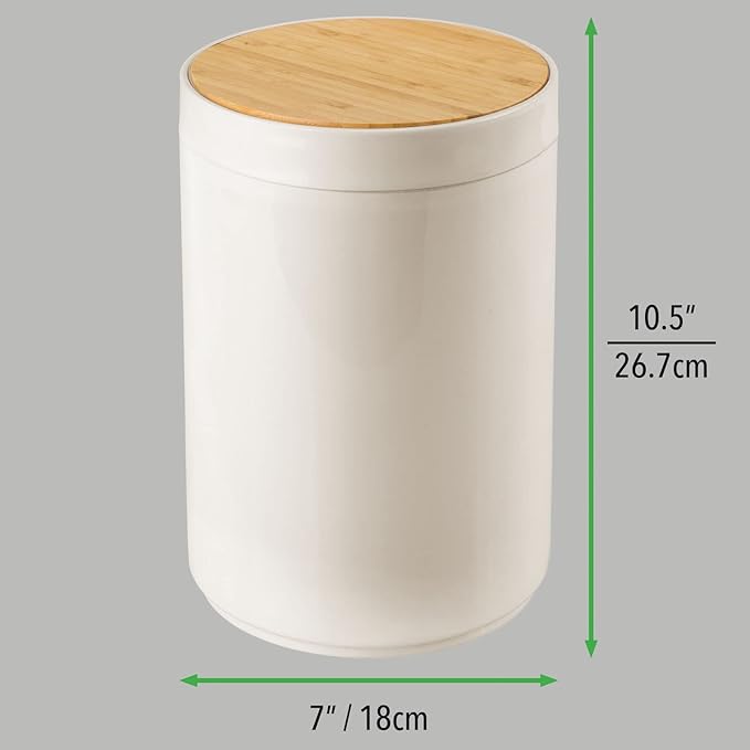 mDesign Plastic Round Trash Can Small Wastebasket - Garbage Bin Container with Swing-Close Lid - Bathroom Garbage Basket - Holds Waste, Recycling - 1.3 Gallon - Basa Collection - Cream/Beige/Natural