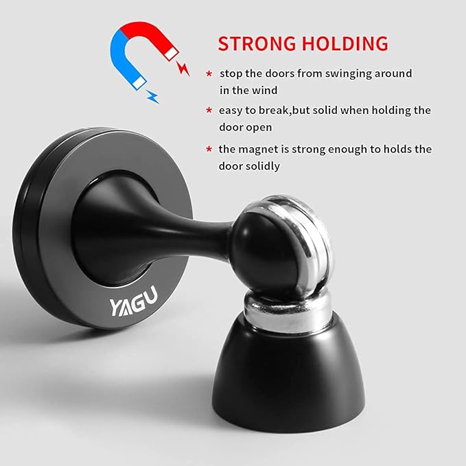 YAGU Door Stopper 6 Pack Magnetic Door Stops, Zinc Alloy Matte Black Door Catch Door Holder Wall Floor Mounted, Metal Soft-Catch
