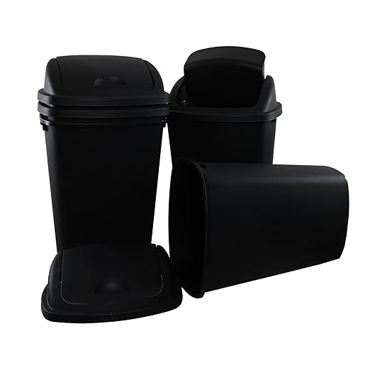 13 Gallon 4-Pack Garbage Cans with Swing Top Lid, Plastic Tall Kitchen Trash Cans, Black