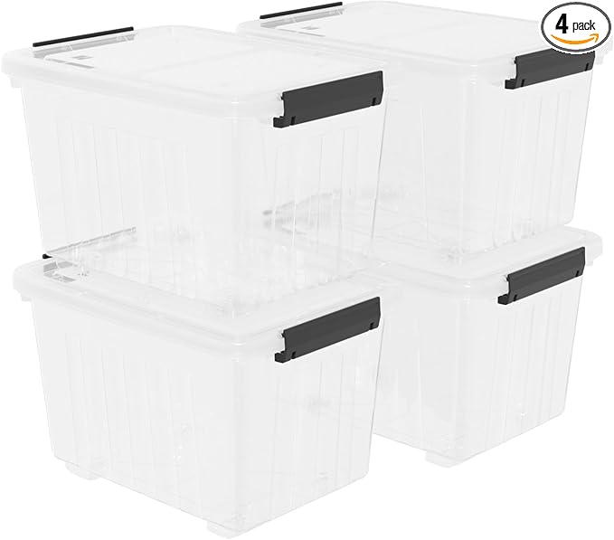 30 Quart Plastic Clear Storage Bin with Wheels, Plastic Latching Bins with Lids, 4 Packs