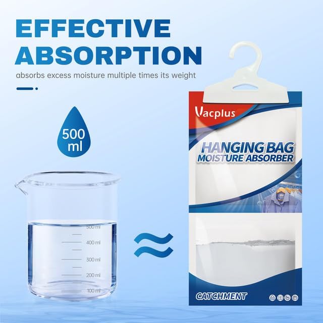 Vacplus Moisture Absorbers Packets, Fragrance Free 10 Pack, Humidity Packs, Dessicant Packets, Hanging Closet Dehumidifier Bags, Odor Eliminator for Bathroom 9.8OZ