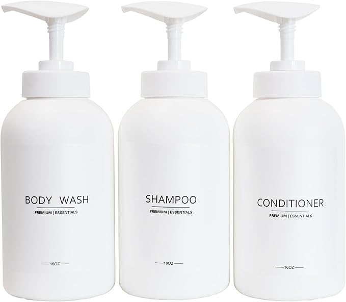 Frosted Pearl White Shampoo and Conditioner Bottles, Refillable Apothecary Dispenser Pump for Shampoo, Sanitizer, Lotion, Oil, Shower Soap, Hand Soap, Dish Soap (3, 500ml)