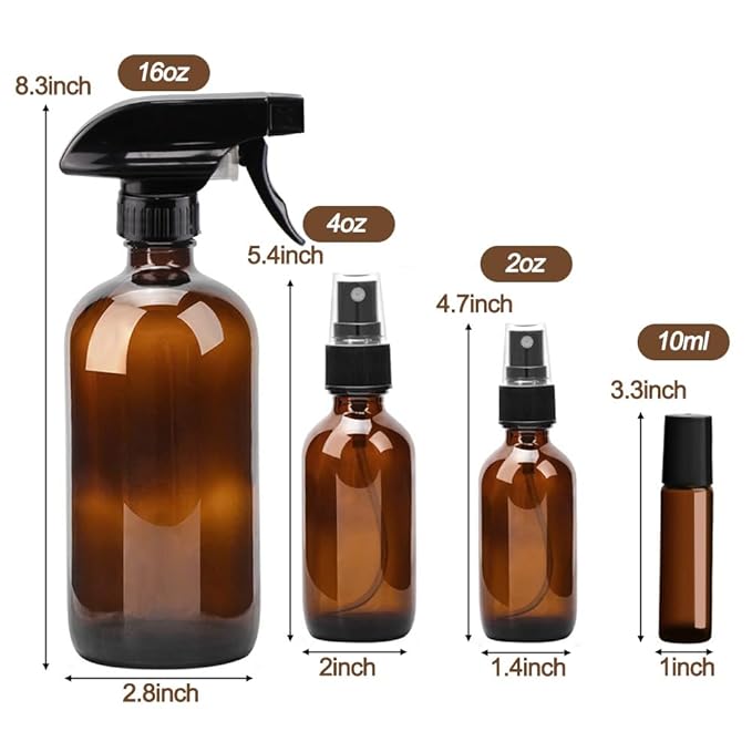 Glass Spray Bottle Kit×10 (2×16oz, 2×4oz, 6×2oz), 9×10ml Roller Bottles, Anti UV, Multi Size and Versatile, Suitable for Aromatherapy, Facial Moisturizing, Watering, etc.(Amber)