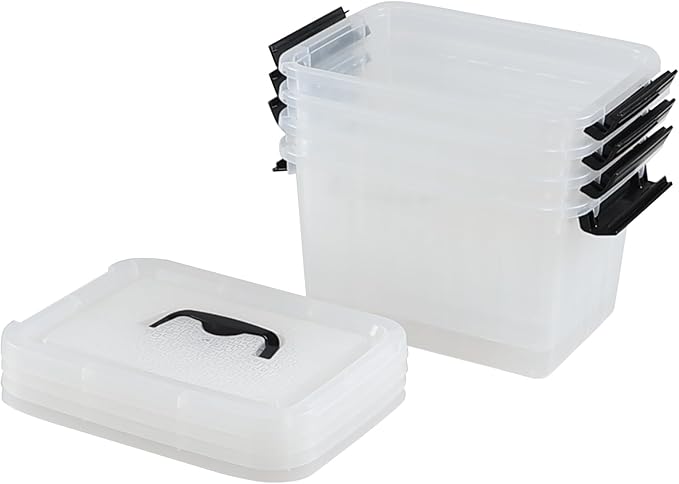 4 Packs Plastic Stackable Storage Container Bin with Lid and Latch, Plastic Latching Box with Handle, 5 L