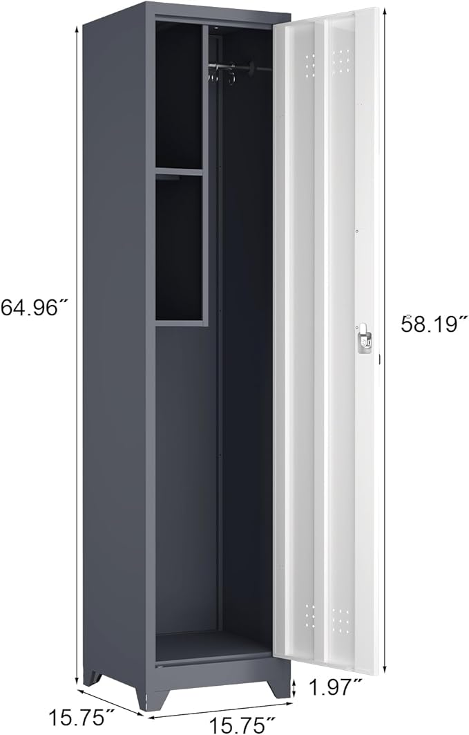 Metal Broom Storage Cabinets, Narrow Cabinet with Hooks, 65" Slim Bathroom Storage Cabinet with Shelves, Heavy-Duty Cleaning Cabinets for Utility Room, Gym, Office, Garage