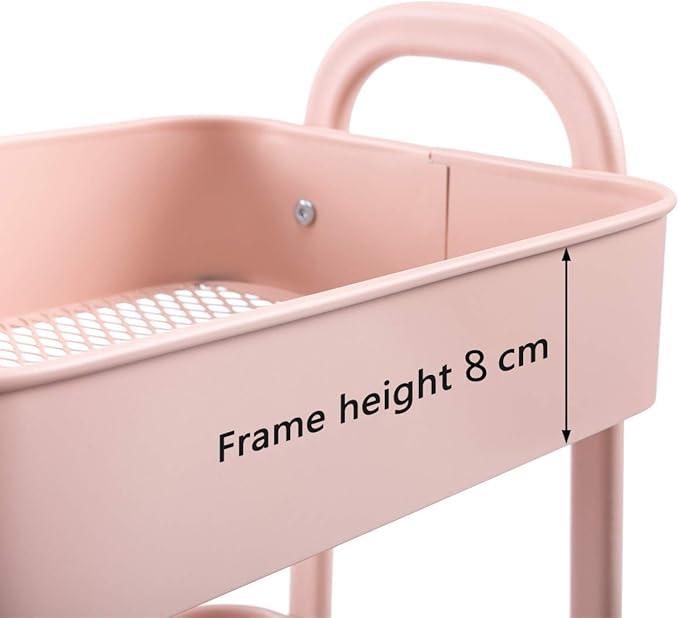 AGTEK Makeup Cart, Movable Rolling Organizer Cart, 3 Tier Metal Utility Cart, Rosiness