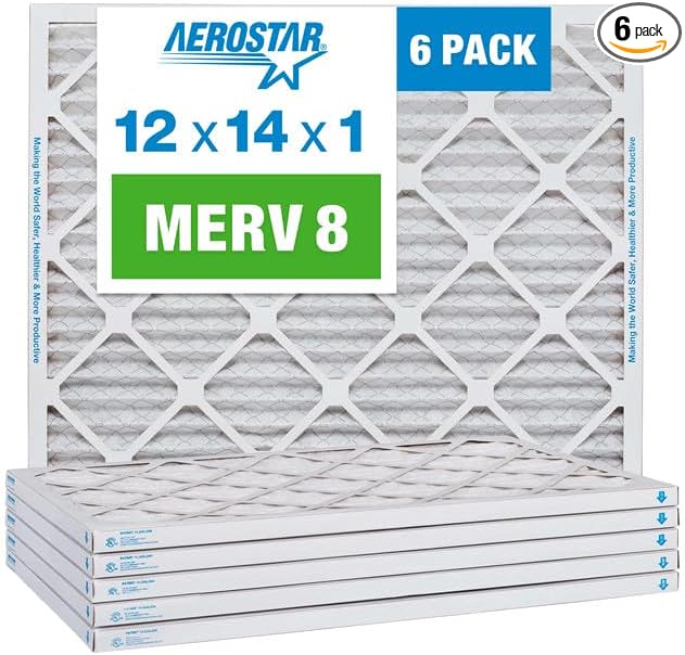 Aerostar 12x14x1 MERV 8 Pleated Air Filter, AC Furnace Air Filter, 6 Pack (Actual Size: 12" x 14" x 1")