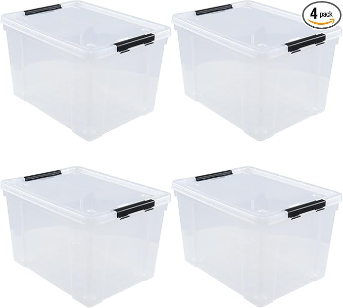 4-Pack 50 L Clear Plastic Storage Bin, Large Clear Latch Box with Wheels