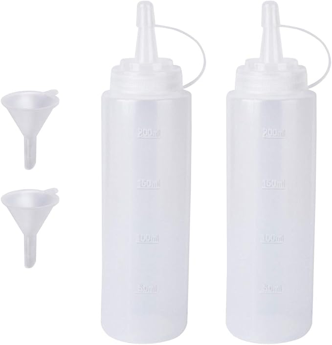 2 Pack 8oz Plastic Sauce Bottle Squeeze Squirt with Cap, Ketchup Dispenser, Leakproof Lids, Funnel Included