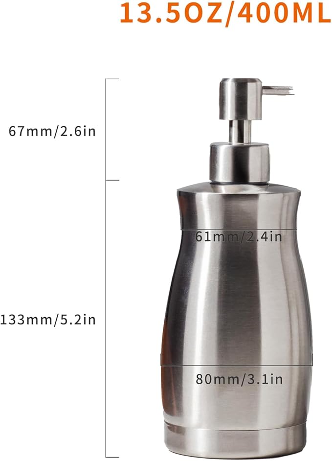 Brushed Stainless Steel Countertop Soap Dispenser Rust and Leak Resistant Hand Soap Pump with Funnel for Kitchen Countertops and Bathroom Dispensers (13.5 oz/400 ml)