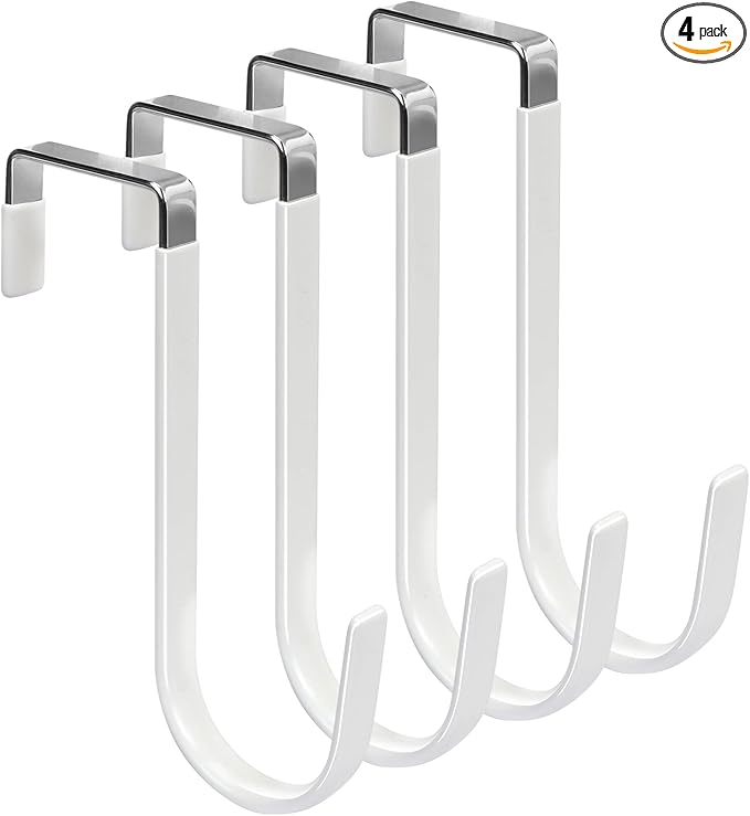 FYY Over The Door Hooks, 4 Pack Hangers Hooks with Rubber Prevent Scratches Heavy Duty Organizer for Living Room, Bathroom, Bedroom, Kitchen Hanging Clothes, Towels, Hats, Coats, Bags White