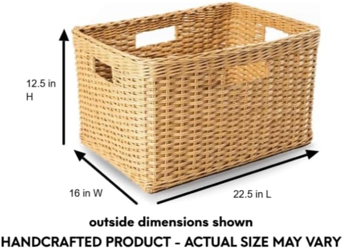 The Basket Lady Tall Rectangular Wicker Storage Basket, Large, 22.5 in L x 16 in W x 12.5 in H, Sandstone
