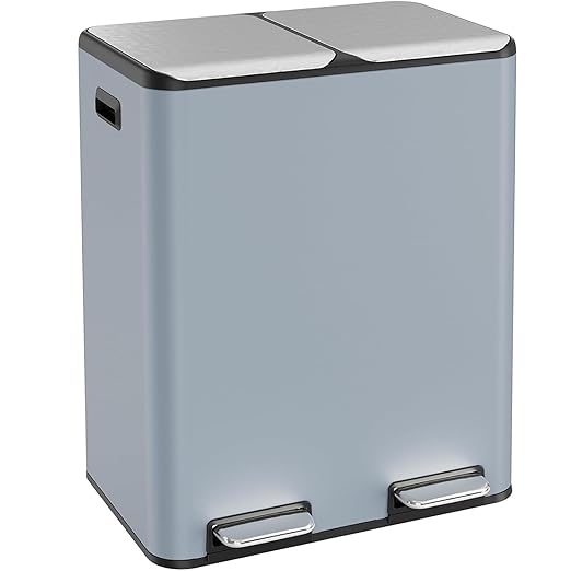 16 Gal (2 x 30 L) Dual Trash Can, Stainless Steel Kitchen Garbage Bin, Recycle Dustbin with Odor Control Box, Soft-Close Lid, Inner Buckets, Side Handle, Step Pedal, for Home Office