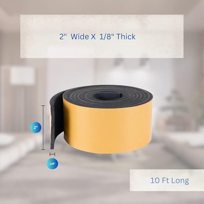 High Density Foam Weather Stripping Door Seal Strip Insulation Tape Roll for Insulating Door Frame, Window, Air Conditioner | Self Adhesive Sealing Weatherstrip (2 in x 1/8 in x 10 Ft, Black)