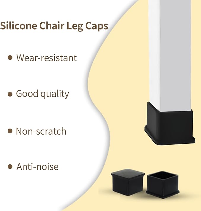 Flyshop Durable Non-Marking Silicone Chair Leg Caps Tips Floor Protectors Square Furniture Table Leg Covers, 20pcs, Black, 38 mm x 38 mm, 1-1/2" x 1-1/2"