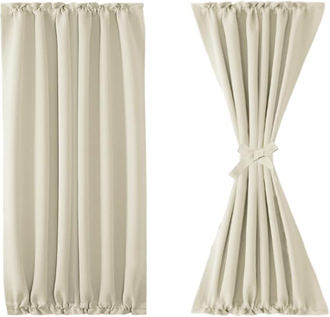 DWCN French Door Curtains – Rod Pocket Thermal Blackout Curtain for Window/Patio Doors/Doorways/Classroom/Kitchen for Privacy, 25W by 40L Inches, 1 Panel with Tieback, Light Beige