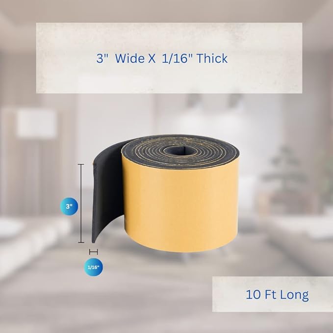 High Density Foam Weather Stripping Door Seal Strip Insulation Tape Roll for Insulating Door Frame, Window, Air Conditioner | Self Adhesive Sealing Weatherstrip (3 in x 1/16 in x 10 Ft, Black)