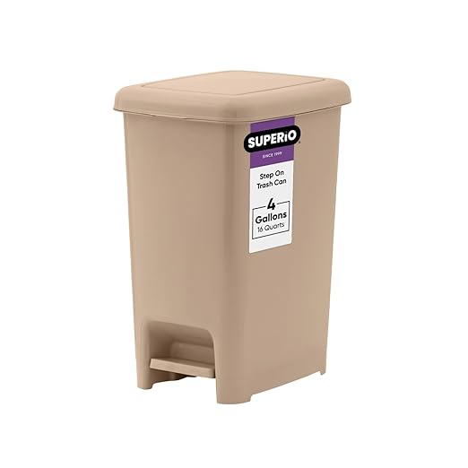Superio Slim Step On Trash Can, Beige Waste Bin with Foot Pedal Lid 26 Liter, Kitchen, Under Desk, Office, Bedroom, Bathroom (1, 4 Gallon)