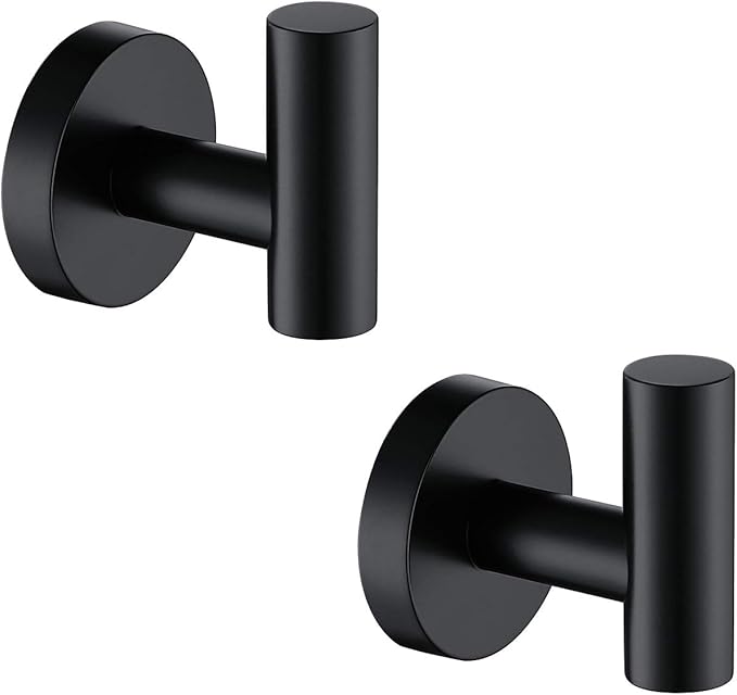 TASTOS Matte Black Bathroom Towel Coat Hook Stainless Steel, 2 Pack Robe Clothes Cabinet Closet Sponges Hooks Holder Round Style Heavy Duty Wall Hook for Bathroom Kitchen Hotel Wall Mounted